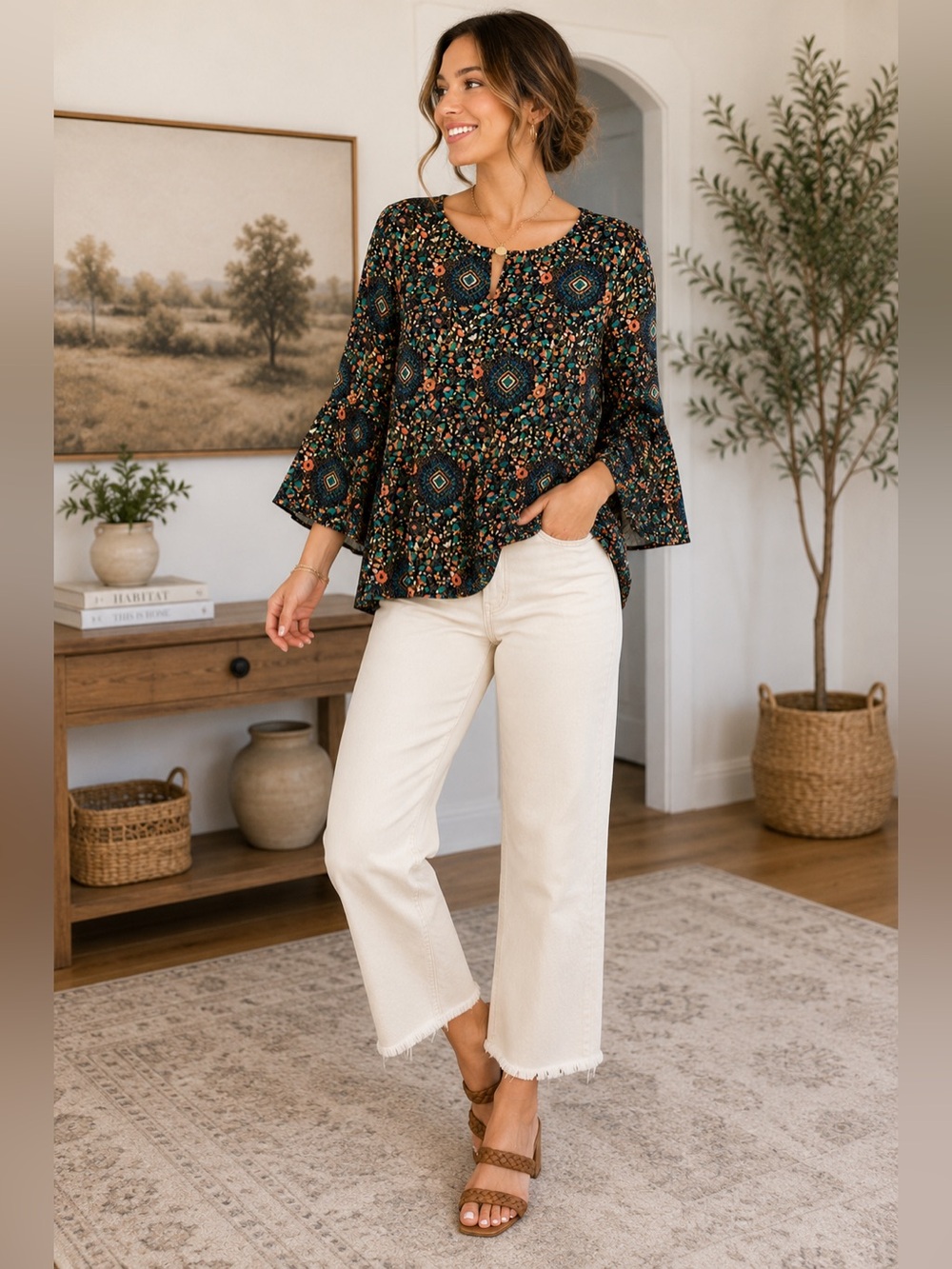 J. Crew Black Floral Print Blouse with Teal and Peach Accents